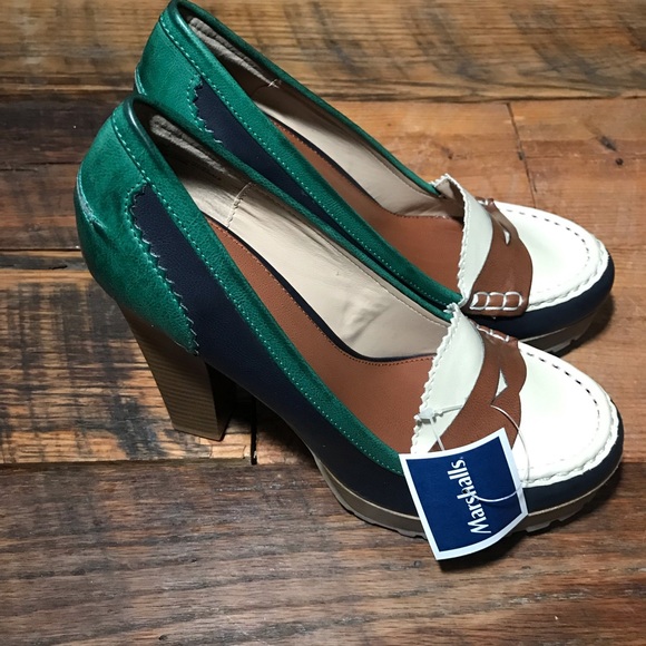 Mia Shoes - MIA Newberry Navy Multi Color Platform Block Heels